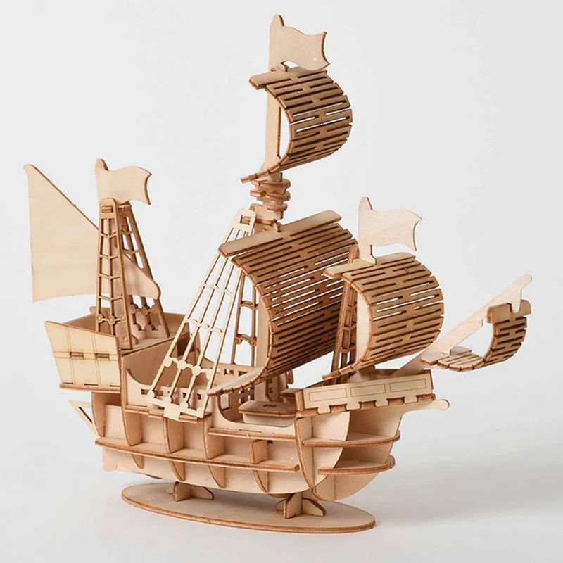 Лазерная резка парусного корабля строительные блоки игрушки 3D деревянный пазл в