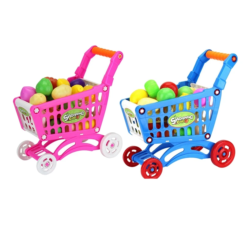 

2 Set Kids Simulation Supermarket Shopping Cart Mini Trolley with Fruit Vegetable - Blue & Pink