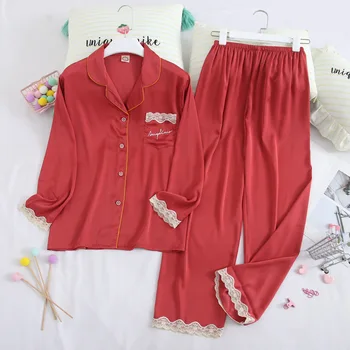 

Fiklyc Autumn 2020 New Silk Ladies Long-Sleeved Trousers Home Service Two-Piece Suit Wind Sweet Lace Lapel Pajamas