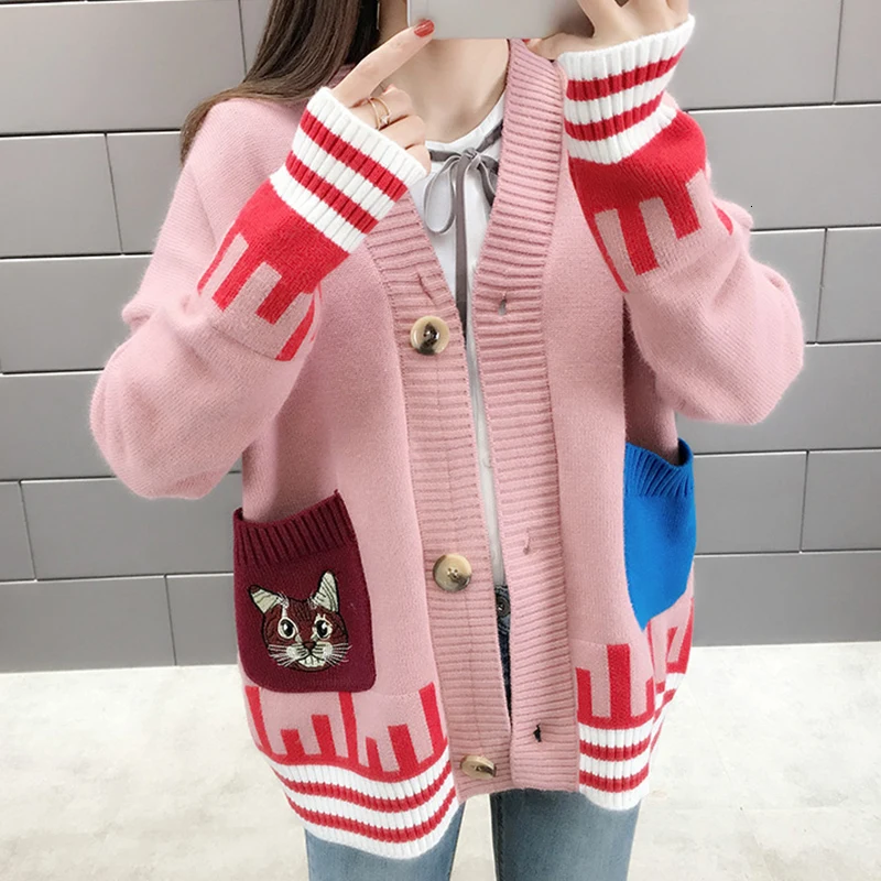 PEONFLY Kawaii вышивка мультяшного кота Свободная трикотажная куртка Женский кардиган осень зима длинный рукав женский свитер-кардиган