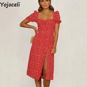 

Yojoceli Elegant print long split sexy dress women Summer beach casual square neck dress Chic daily female dress vestidos