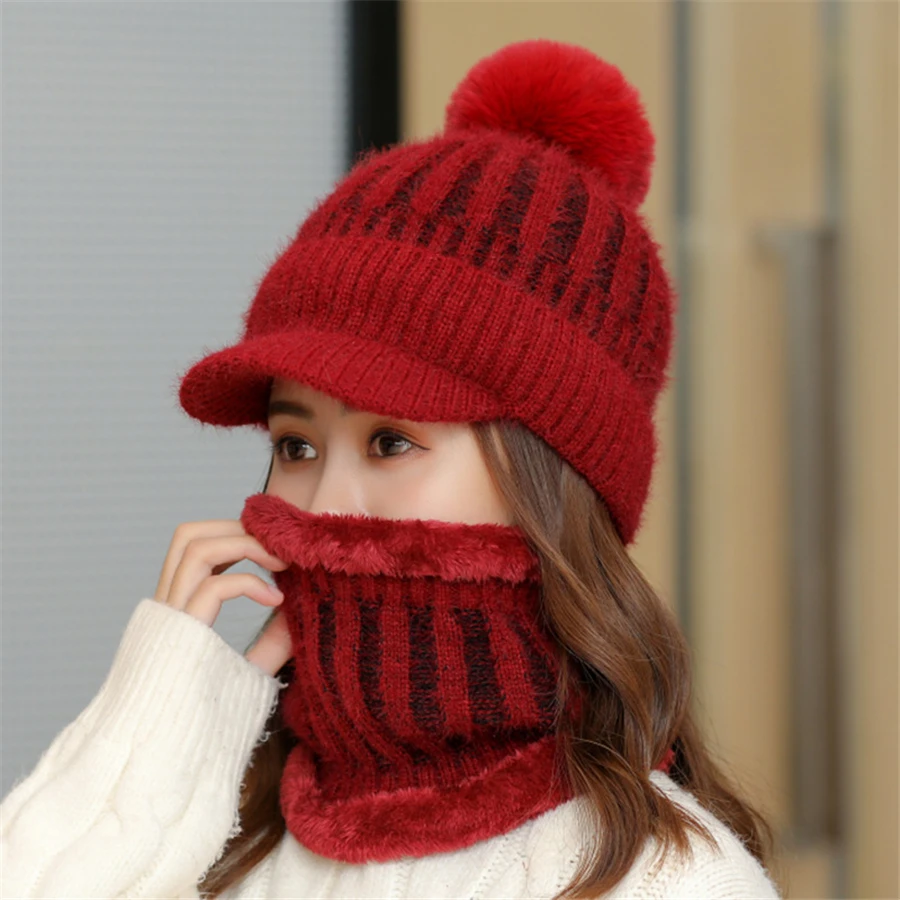Gloednieuwe winter vizier hoeden vrouwen gemengde kleur gebreide muts Skullies muts vrouwelijke dikke Veet haarbal warme muts mutsen slab_voghion.com