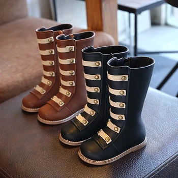 

Autumn Winter Kids Boots For Girls Fashion Cool Rubber Boots Knee-high Children's Motorcycle Boots Long Boots Martin Boots Black