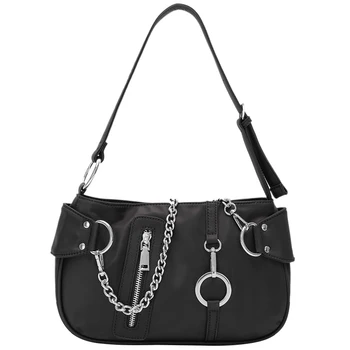 

2020 New Heavy Metal Rock Style Shoulder Bags Deep Black Locomotive Bag Hand-held Messenger Bag For Women Fashion Underarm Bags