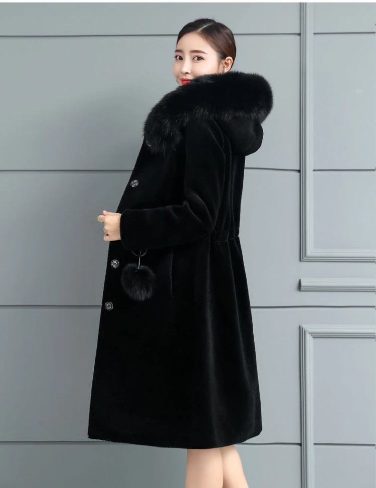 Зимнее женское длинное меховое пальто, теплая Женская куртка, высокое качество, водное бархатное пальто с капюшоном, пальто из искусственного меха, черное пальто из овчины