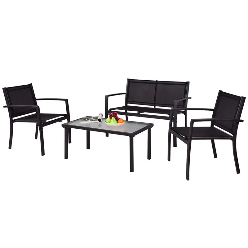 4 pcs Patio Steel Frame Coffee Table Furniture Set Sturdy Powder-coated Metal Frame Outdoor Furniture