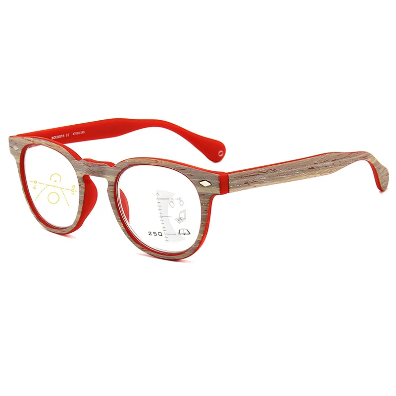 Seemfly, прогрессивные, Мультифокальные очки для чтения, для мужчин и женщин, Круглые, под дерево, пресбиопические очки, близкий взгляд, диоптрийные очки - Цвет оправы: Red