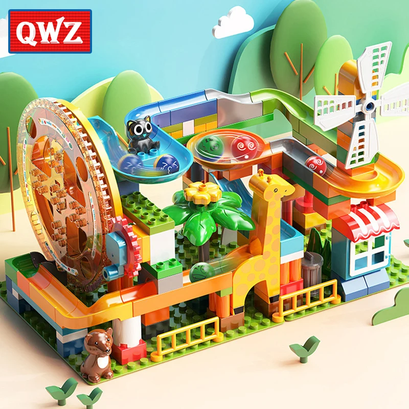 

QWZ Manual Turntable Marble Run Big Size Building Blocks Compatible Duploed Particle Funnel Slide Bricks Toys For Children Gift