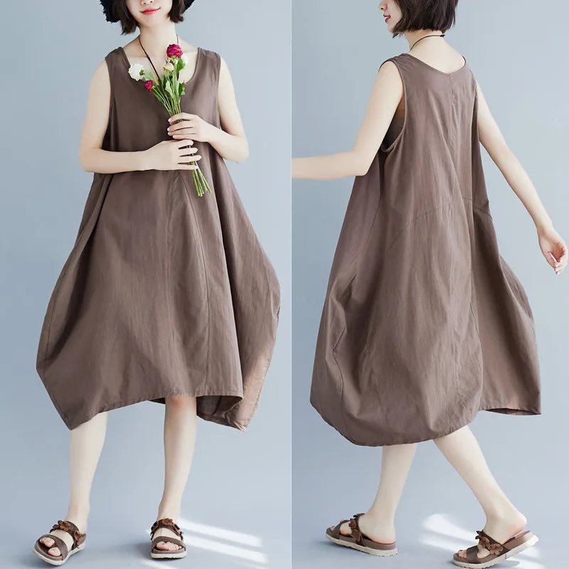 

2019 Summer Wear New Style Korean-style Solid Color Cotton Linen Literature And Art Large Size Dress Sleeveless Slimming Dress