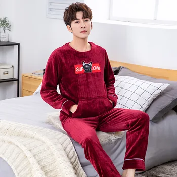 

Burgundy 2PCS Men Pajamas Set Sleepwear Coral Fleece Home Wear Negligee Winter Nightwear Sleep Set Lounge Kimono Bathrobe Gown