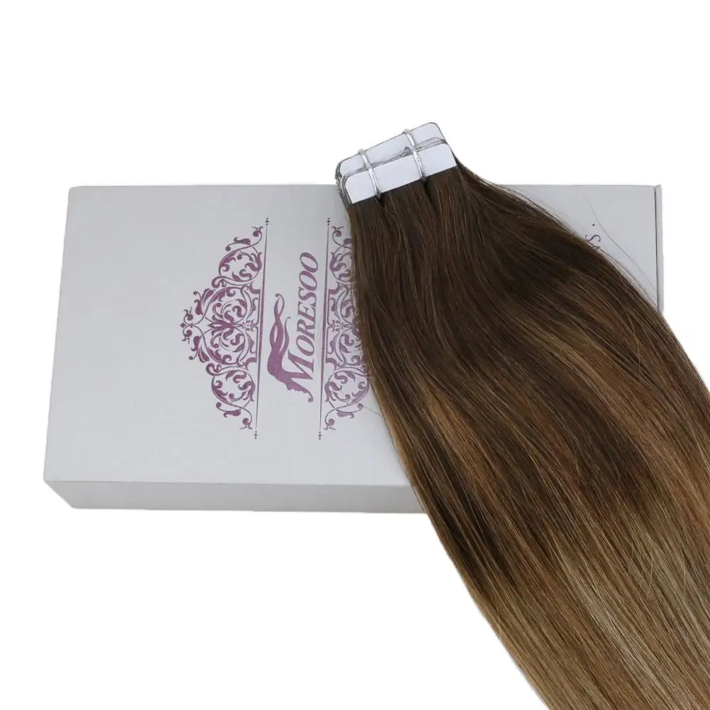 Moresoo Tape in Hair Extensions Human Machine Remy Brazilian Hair Skin Weft Balayage Ombre Color #4 Fading to Brown and Blonde