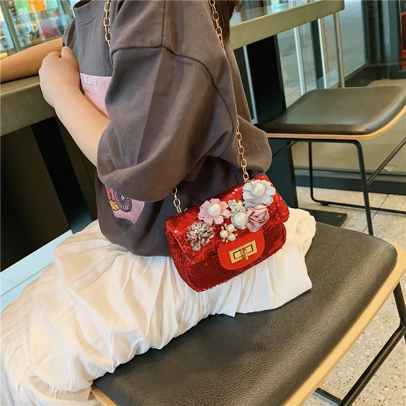 

2019 Summer New Style Korean-style KID'S Messenger Bag Sequin Flower Bag with Chain CHILDREN'S Purse Princess Accessories Bag