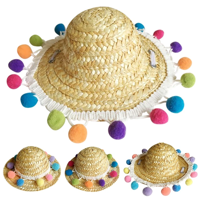 

Pet Straw Hat Colorful Pompom Dog Cat Mexican Straw Sombrero Cap Pet Adjustable Handcrafted Summer Cap Visor Party HatGM