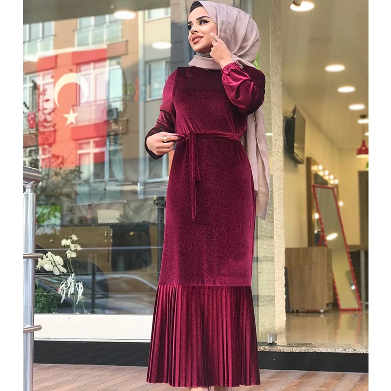 Черное мусульманское платье Abaya бархатное Плиссированное однотонное макси в