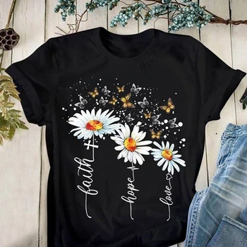 

Women T Shirt 2020 Summer Short Sleeve Casual O-neck Daisy Flowers Print Tops Loose Office School T-shirts Tunic Tees Plus Size