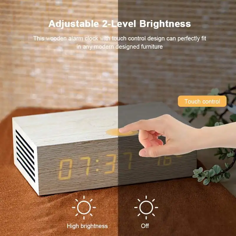 Wooden Wood Digital NFC bluetooth Speaker Qi Wireless Charger Snooze Alarm Clock Thermometer Touch Control For iPhone Android
