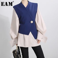 [EAM] Женский клетчатый плиссированный жилет, блузка из двух частей, новая свободная рубашка с v-образным вырезом и длинным рукавом, модная весенняя Осенняя 1A237