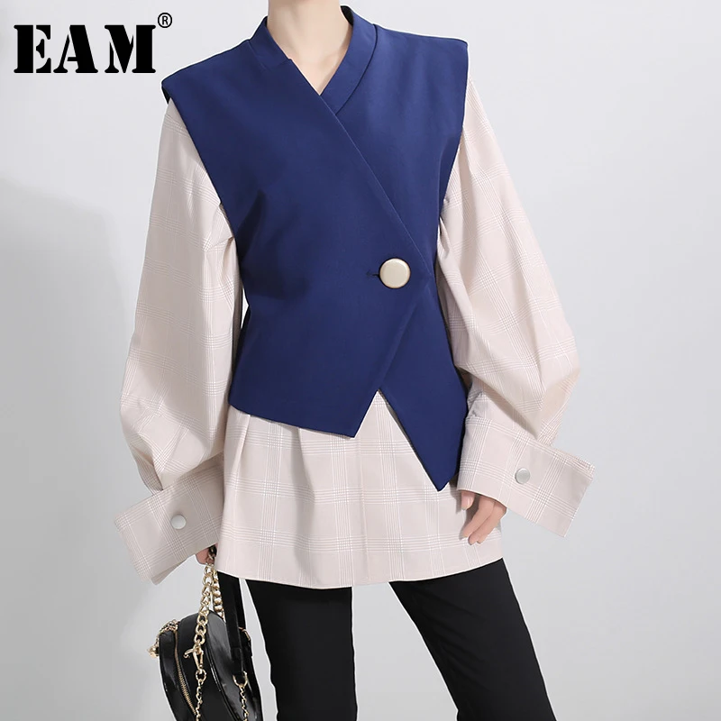 

[EAM] Women Plaid Pleated Vest Two Pieces Blouse New V-neck Long Sleeve Loose Fit Shirt Fashion Tide Spring Autumn 2019 1A237