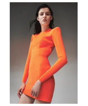 

2020 Women Spring Sexy Designer Long Sleeve Orange Bandage Dress Elegant Evening Celebrity Chic Dress Vestido