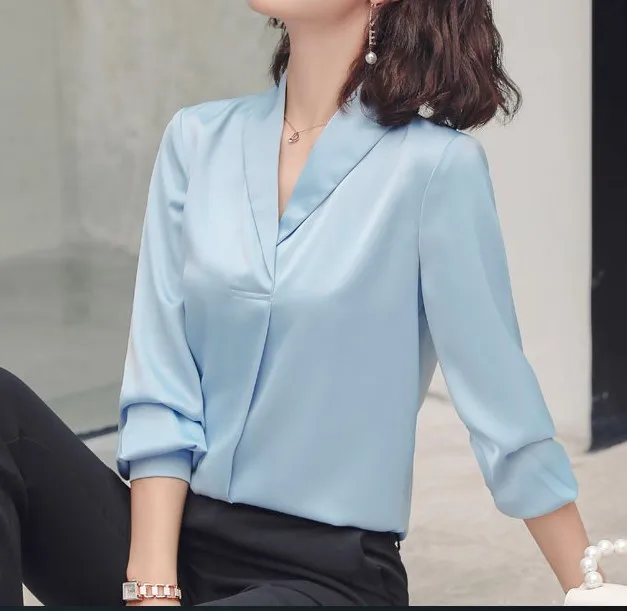 Модная женская красная рубашка с длинным рукавом новая официальная темпераментная с v-образным вырезом атласная Женская одежда для офиса плюс размер столешница - Цвет: Light blue