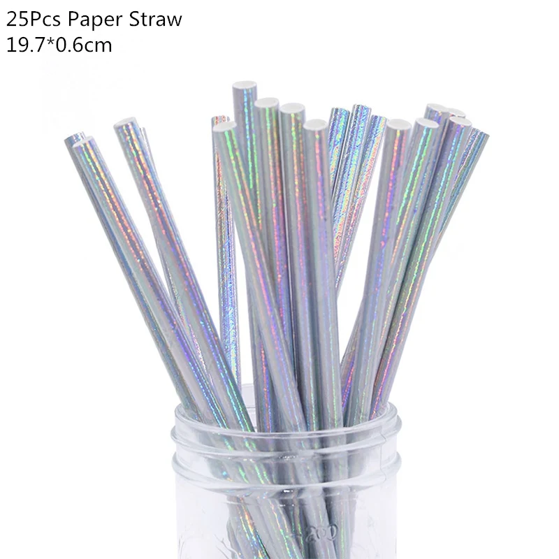 Лазерные одноразовые наборы посуды серебряные бумажные стаканчики бумажные тарелки соломенная столовая посуда украшения на свадьбу на день рождения вечерние принадлежности - Цвет: 25pcs paper straw