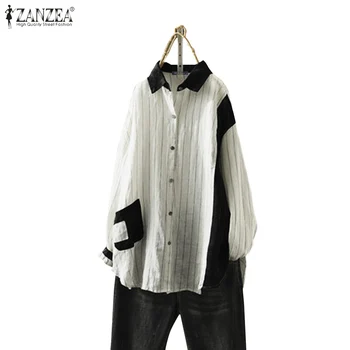 

ZANZEA Women Tops and Blouses Office Lady Work Shirt Casual Buttons Cotton Linen Tunic 2020 Vintage Patchwork Striped Blusas 7