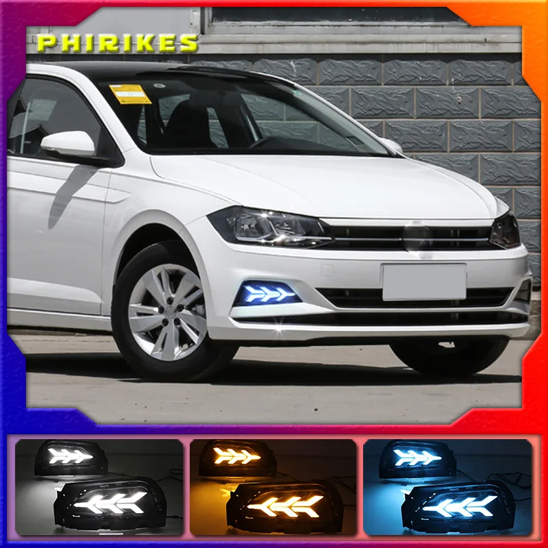

2PCS Car DRL LED Daytime Running Light Fog Lamp Sequential Yellow Turn Signal Function 12V For Volkswagen Polo 2018 2019