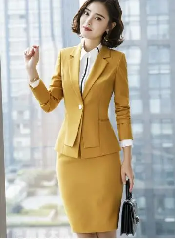 yellow skirt suit Осень зима темперамент юбочные костюмы для женщин формальный бизнес с длинным рукавом Тонкий Блейзер и юбка офисная Дамская Рабочая одежда - Цвет: yellow skirt suit