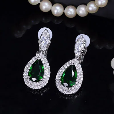 green clip Новая большая капля воды кубического циркония клип на серьги без пирсинга без отверстия уха клип Ювелирные изделия для женщин Свадьба - Окраска металла: green clip