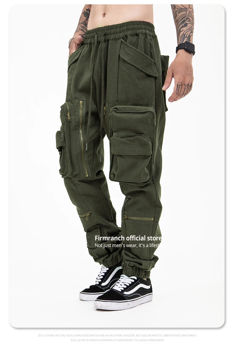 Firmranch News 2021 Army Green Multi-Pocket Functional Cargo Tactical Casual Pants High Street Legging Bib Overall Dungarees black cargo joggers