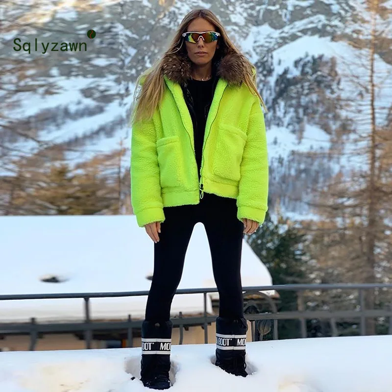 Неоново-зеленая флисовая куртка из искусственной овечьей шерсти, пальто для женщин, зимний плюш, теплый толстый овечий мех, плюшевый женский жакет в стиле кэжуал, пальто
