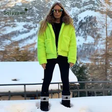 Неоново-зеленая флисовая куртка из искусственной овечьей шерсти, пальто для женщин, зимний плюш, теплый толстый овечий мех, плюшевый женский жакет в стиле кэжуал, пальто