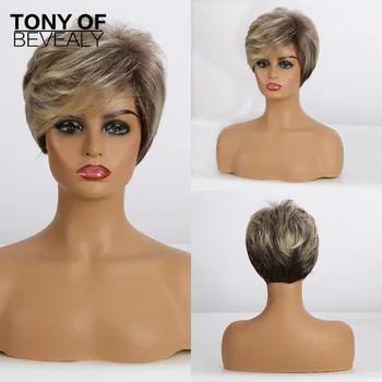

Short Straight Brown Wigs With Blonde Highlights Synthetic Wigs With Side Bangs For Black Women Cosplay Natural Hair Wigs