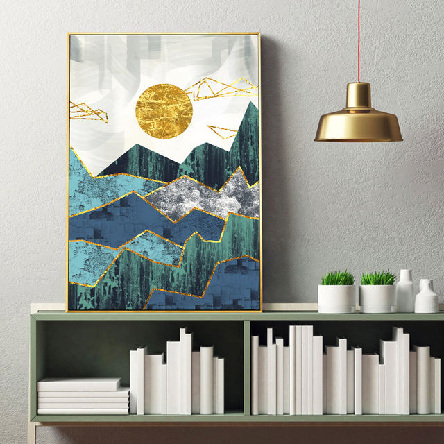 Nordic Abstract Geometric Mountain Landscape Wall Art Canvas Painting Golden Sun Art Poster Print Wall Picture for Living Room