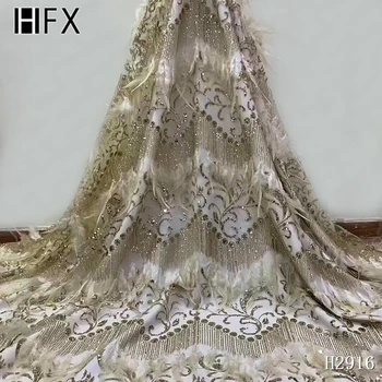

HFX Wholesale And Retail french Lace Fabric African feather lace Fabric Embroidered tulle net for Wedding dress 5yards H2916