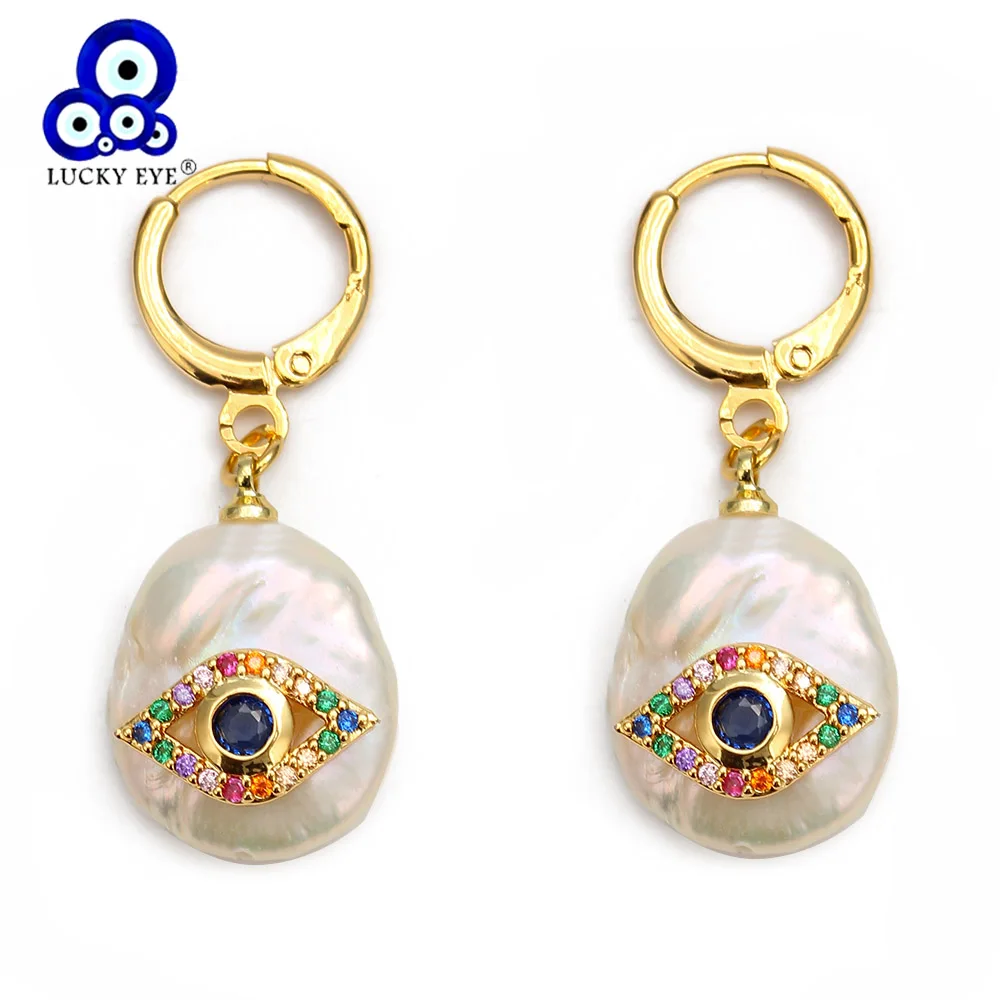 

Lucky Eye Hamsa Hand Irregular Pearl Drop Earings Golden Micro Pave Turkish Evil Eye Dangle Earrings Jewelry for Women EY6455