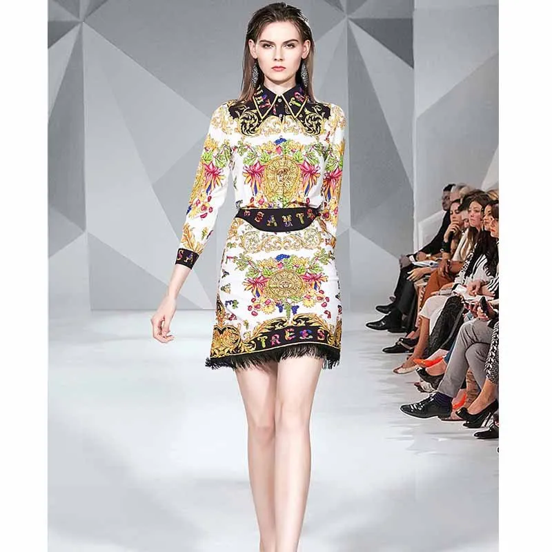 

Fold-down Collar Long-sleeved Shirt Dress High-waisted Slim Fit Women's Short-height Printed Retro Sheath Suit Skirt 2019