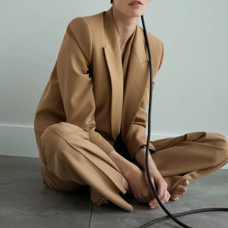 Low Price YNZZU 2019 Autumn Elegant Women Blazer Long Sleeve Single Button Loose Camel Female Jacket Ladies Suits Sets A1087