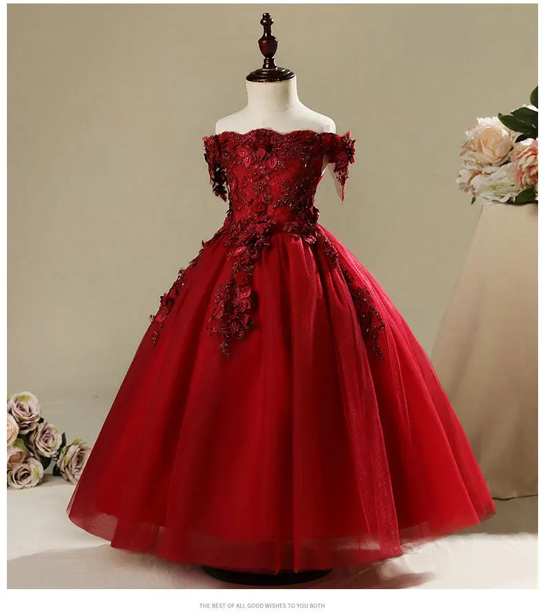 Розовый с аппликацией Рождественское платье для девочек Вышивка элегантное праздничное платье с открытыми плечами Для Девочек Свадебное платье для девочек платье принцессы с юбкой-пачкой бальное платье