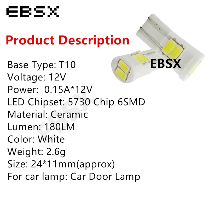 EBSX 100 шт. T10 Керамика светодиодный W5W 6 SMD 5630 6SMD 5730 светодиодный 194 168 автомобильных номерных знаков Интерьер светильник лампы белого цвета