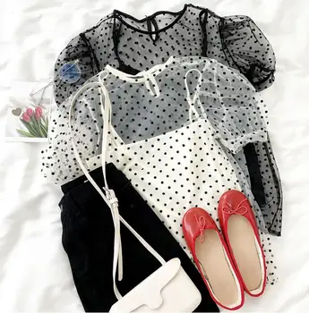 

Sweet Retro Perspective Wave Dot Short Sleeve Shirt+ Base Comfortable Slim Camisole Two Piece Set
