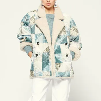 

Women's Thick Coat Contrast Color Turn-down Collar Plaid Autumn Winter New Female Jacket with Pockets