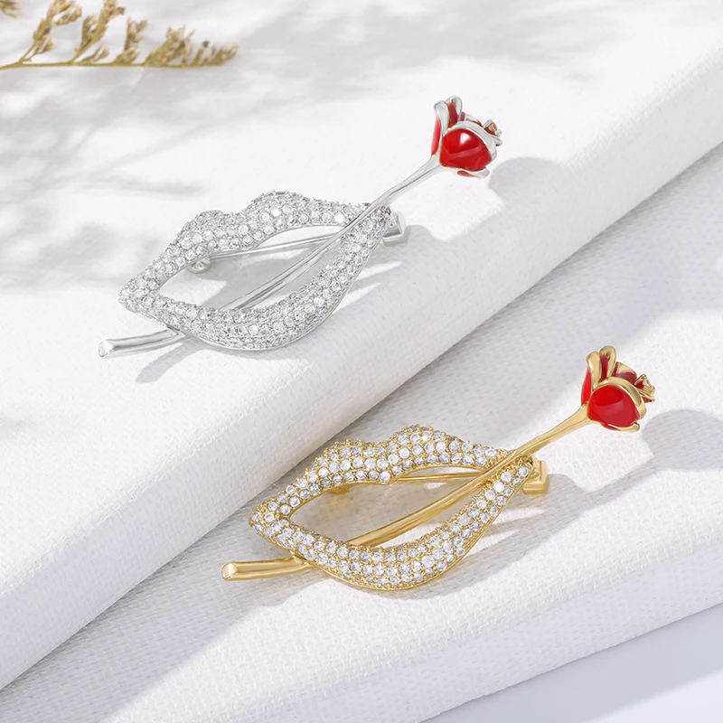 

2020 New Crystal Zircon Pin Brooch Lip of Rose Flower Enamel Brooches For Men Men Dress Suit Lapel Pins Clothing Accessories