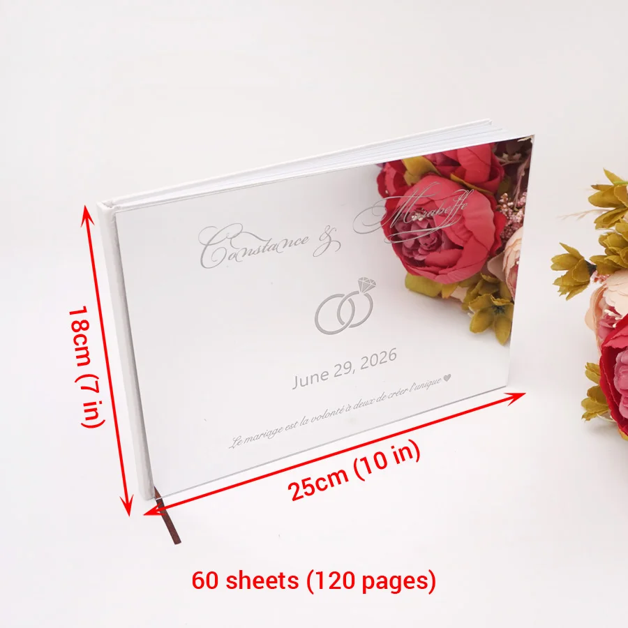 Horizontal check in message book Personalized acrylic mirror diamond double rings design cover Wedding signature guestbook