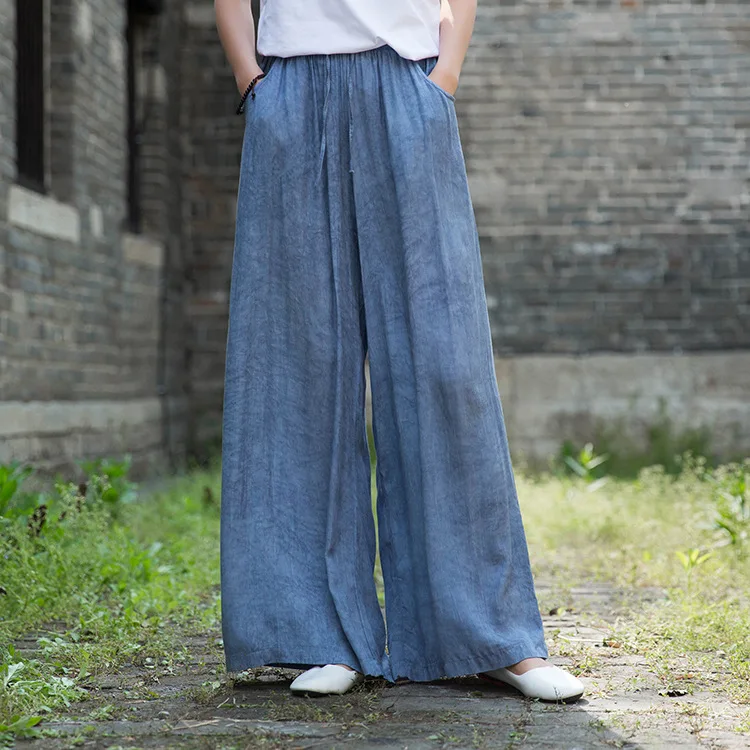 Johnature 2020 Autumn New Full Length Retro Elastic Waist Tie Dye Wide Leg Pants Loose Comfortable All-match Women Lace Up Pants