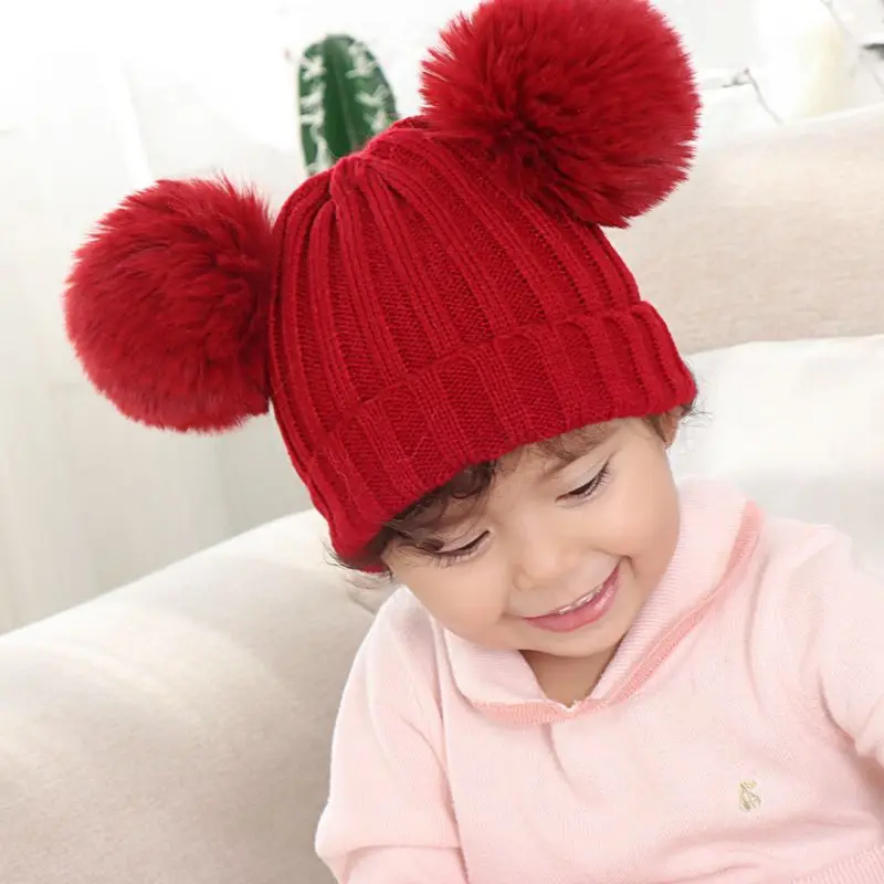 Одежда для малышей Детские Коренастый крючком вязаная шапка зима низ с милым помпоном шапка Кепки высокое качество и Фирменная Новинка