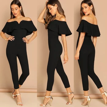

Fashion Women Off Shoulder Slim Jumpsuits Ruffle Empire Long Pants Solid Color Casual Street Office Jumpsuit