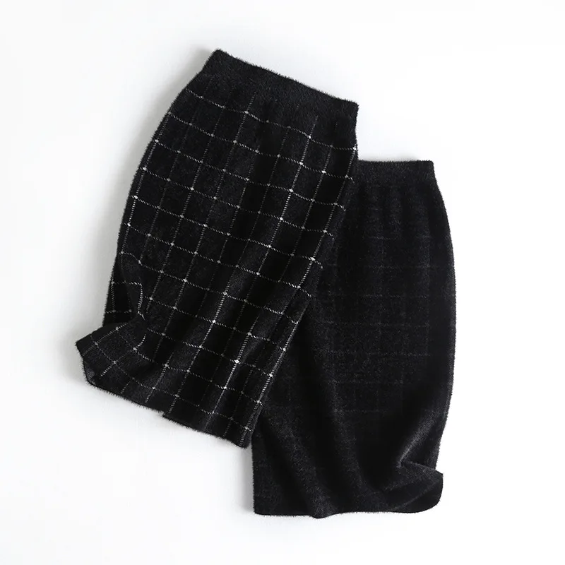 

Lsy-2345 Autumn New Style Elastic Waist Plaid Mink Cashmere Knitted Overskirt