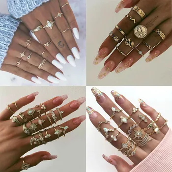 

19 Pcs/Set Retro Moon Crystal Geometry Opal Crystal Ring Set For Women BOHO Midi Finger Ring 2019 Female Jewelry Gifts