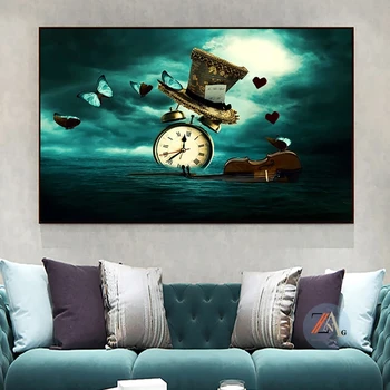 Clock Violin Butterfly Hat Creative Painting Modern Surrealism Retro Poster Canvas Printing Wall Art For Home Room Decor Picture